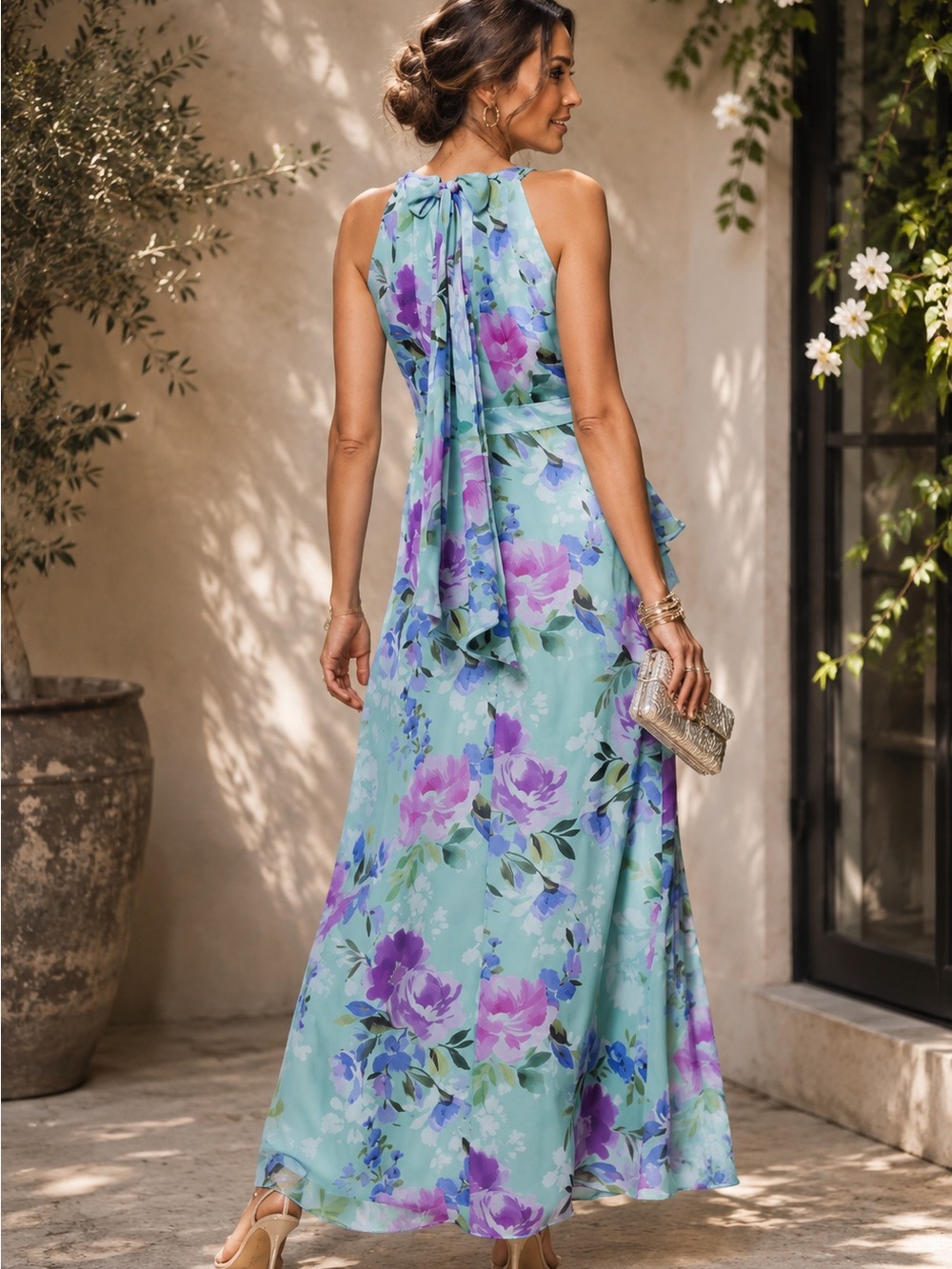 Betsy & Adam Aqua Floral Halter Ruffle Maxi Dress - Picture 2 of 3